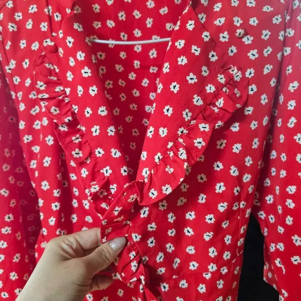 [BUNJANG] Stylish Red Flower Pattern Wrap Dress / 세련레드랩원피스