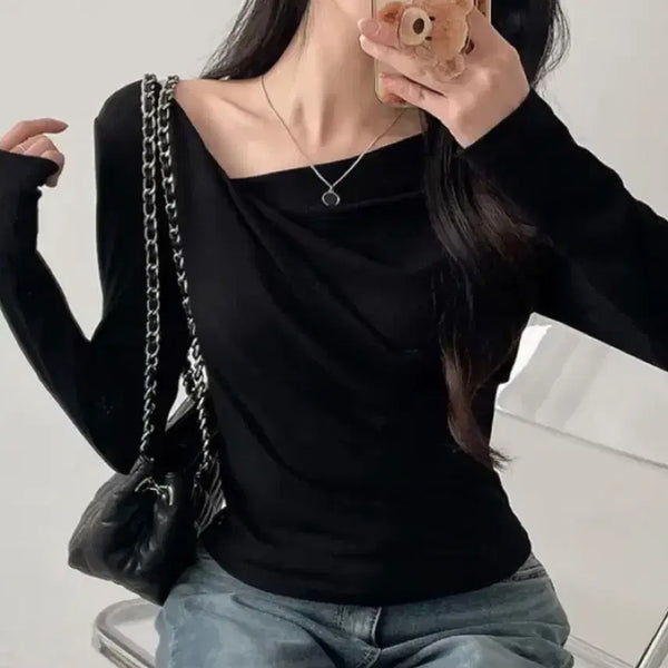 [BUNJANG] Asymmetric Shirring Ribbed Long Sleeve T-Shirt Black / 언발 셔링 골지 긴팔 티셔츠 블랙