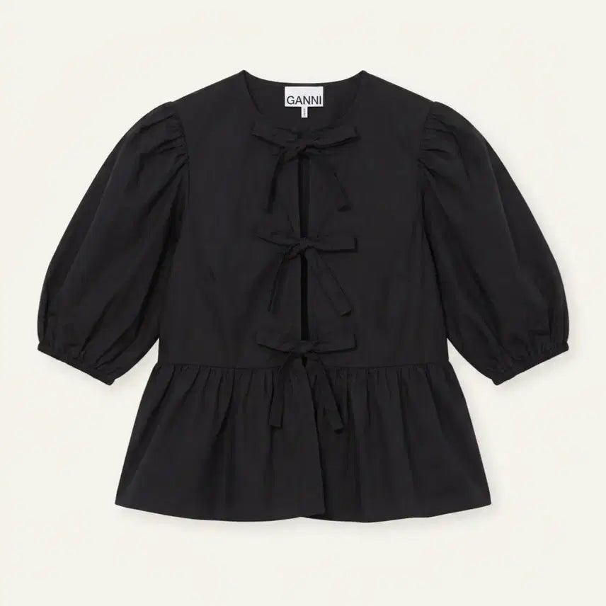 [BUNJANG] GANNI Puff Sleeve Peplum Blouse Black White / GANNI 가니 퍼프 소매 페플럼 블라우스 블랙 화이트
