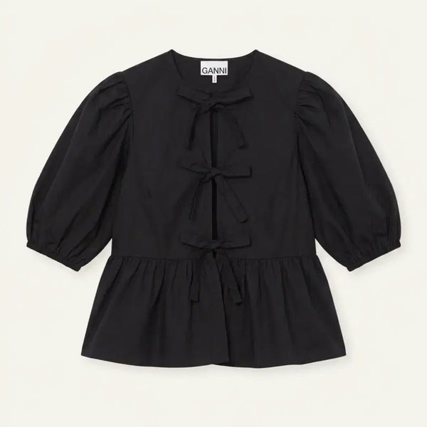 [BUNJANG] GANNI Puff Sleeve Peplum Blouse Black White / GANNI 가니 퍼프 소매 페플럼 블라우스 블랙 화이트