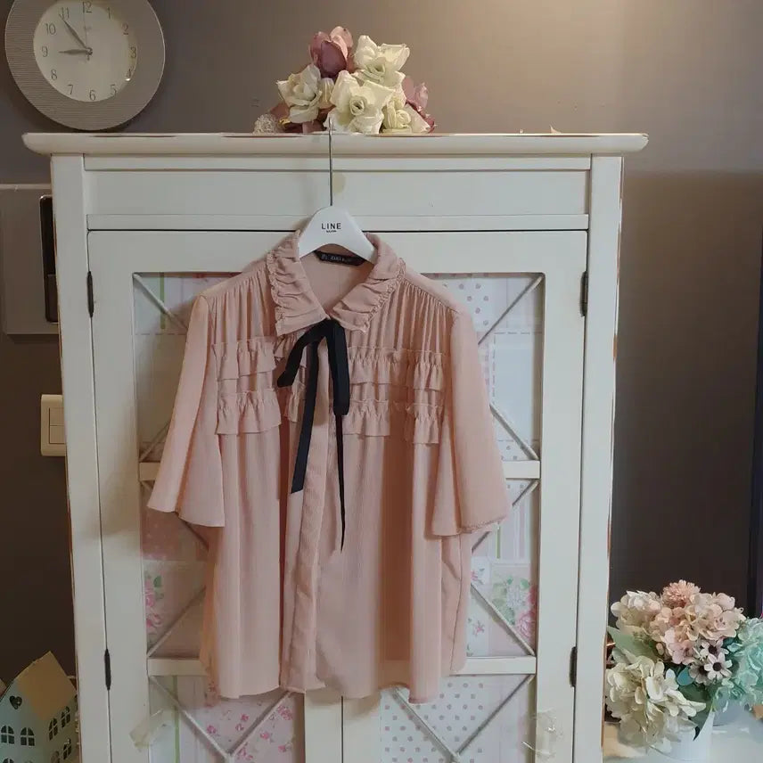 [BUNJANG] Zara Pink Frill Ribbon Blouse / 자라 블라우스/66-77