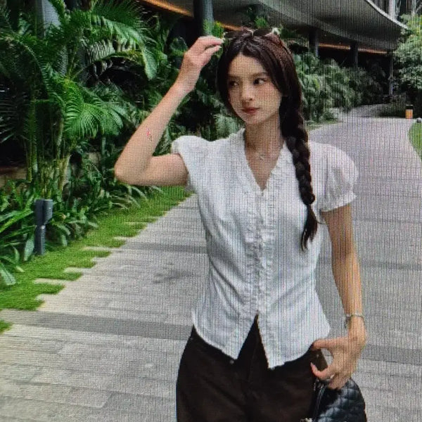 [BUNJANG] White Short-Sleeve Blouse / (해외배송)화이트 여성 반팔 블라우스