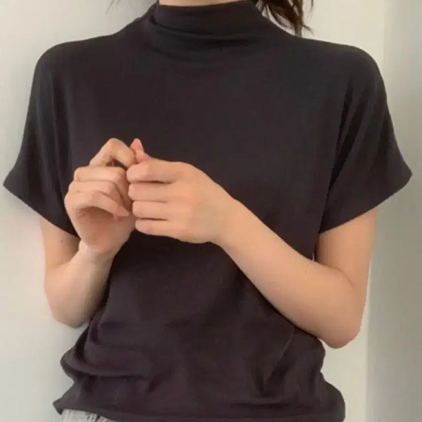 [BUNJANG] Ribbed Half-Sleeve Mock Neck T-Shirt - Charcoal / 골지 반팔 반목 폴라티 먹색