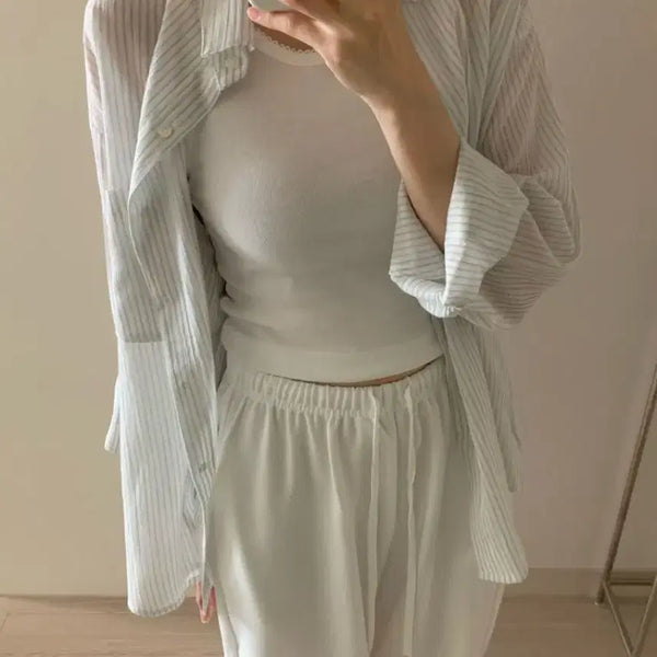 [BUNJANG] Le Havre Stripe Summer See-through Shirt - Sky Blue / [새상품] 르아브르 스트라이프 썸머 셔츠, 시스루 셔츠 소라