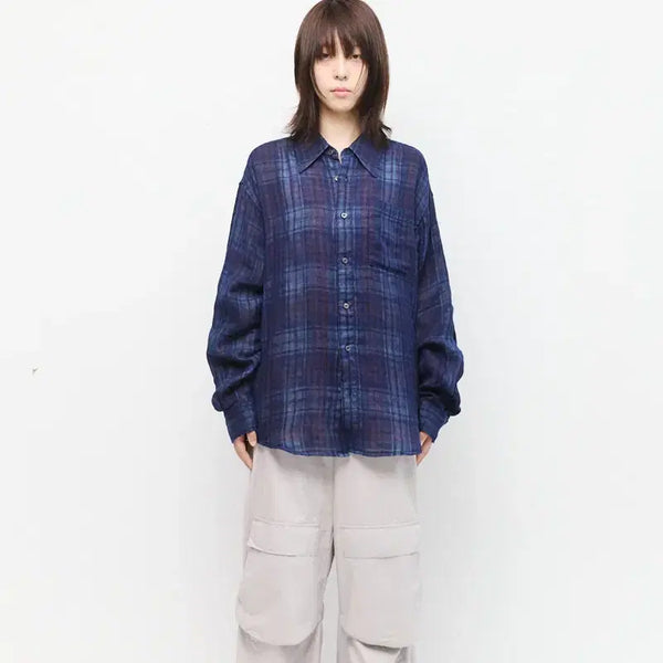 [BUNJANG] HATCHING ROOM Archive V2 Check Linen Blue Shirt Size S / 해칭룸 아카이브 V2 체크 린넨 블루 셔츠 2(S)사이즈
