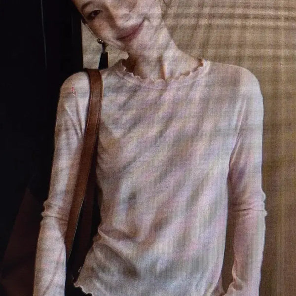[BUNJANG] Sheer Frill Neck Long Sleeve T-Shirt - 7 Colors / (해외배송)프릴 넥 시스루 긴팔 티셔츠 7컬러