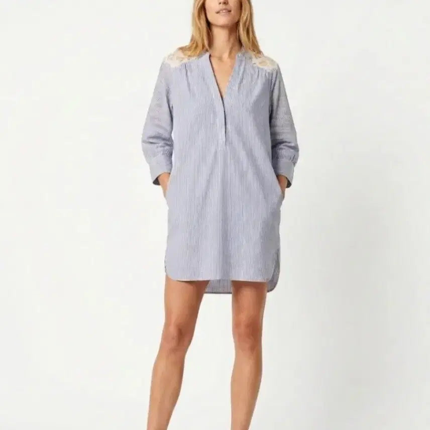 [BUNJANG] Sandro Striped Lace Shirt Dress / 산드로 스트라이프 레이스 셔츠 원피스