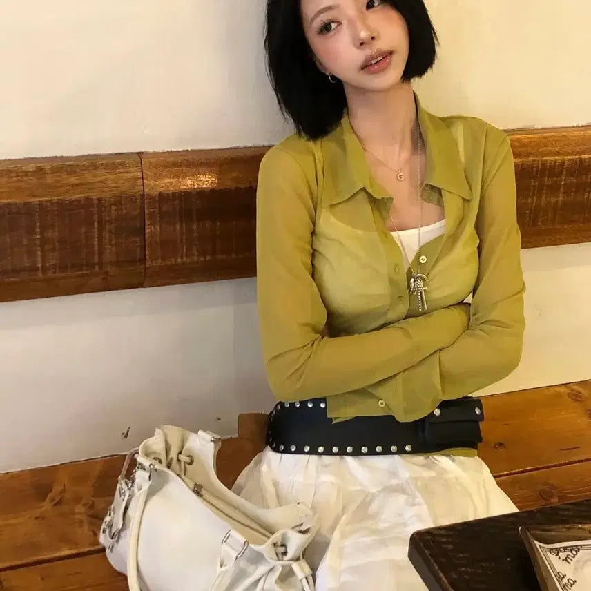 [BUNJANG] MMM See-Through Collar T-Shirt Green / 쿨거 택포/솔로지옥 김고은 착용 엠.엠.엠 시스루 카라 티셔츠_그린