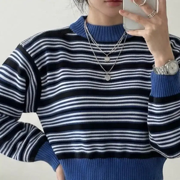 [BUNJANG] Striped Knit Blue Batwing Oversized Sweater / 단가라 니트 블루 가오리핏 오버핏 가을니트 겨울니트 스웨터
