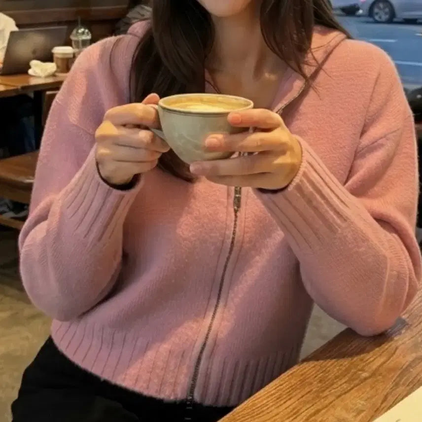 [BUNJANG] Pink Hooded Zip-Up Jacket Sweatshirt / 핑크 후드집업 아우터 자켓 44-55-66사이즈 긴팔티 데일리룩 스웨트