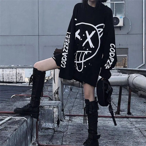 [BUNJANG] Goth Punk Oversized Long Sleeve Graphic T-Shirt / 펑크 고스펑크 긱시크 y2k 오버사이즈 긴팔 그래픽 티셔츠 여성 블랙