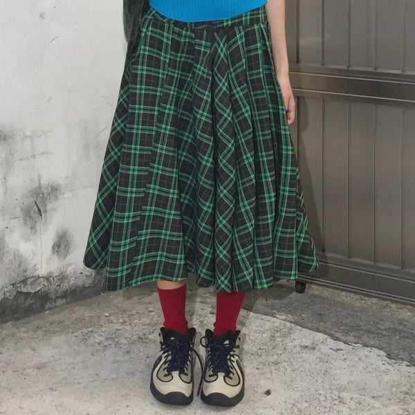 [BUNJANG] 999humanity Check Pleats Midi Skirt Green Size 0 / 999humanity 체크 플리츠 미디스커트