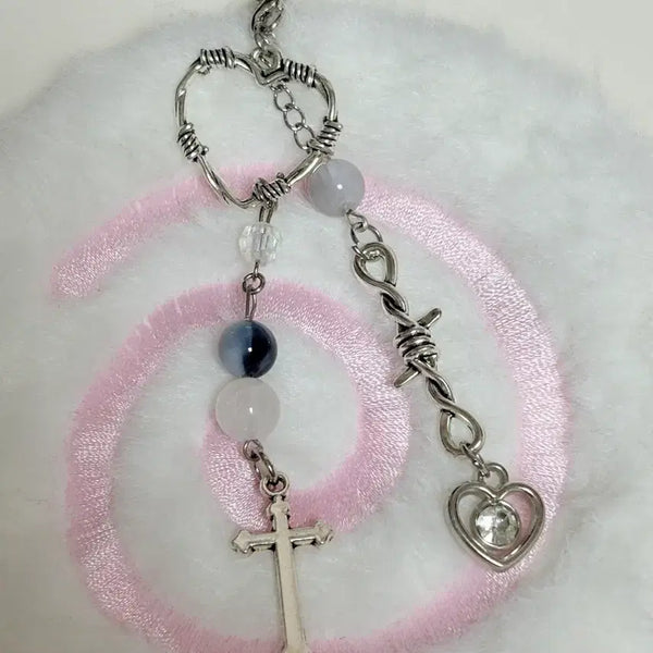 [BUNJANG] aespa SYNK : METAL HEART Concept Beaded Metal Bag Charm Keychain / SYNK : METAL HEART 에스파 컨셉 비즈 키링 폰꾸 메탈 가방꾸