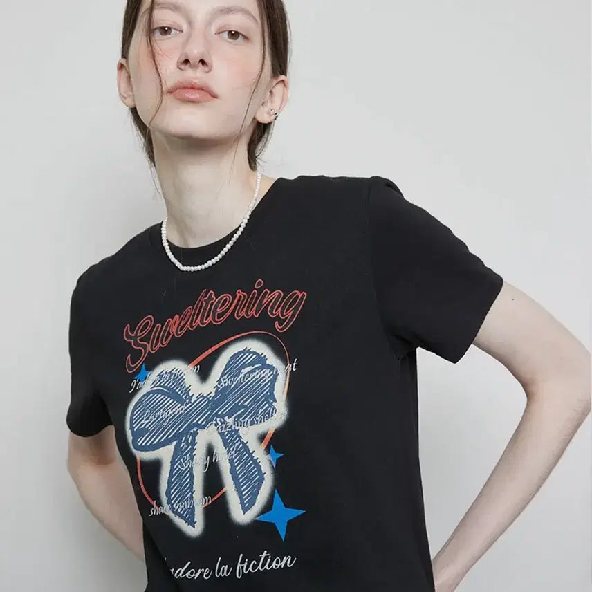 [BUNJANG] Lattizen L3 Ribbed Short Sleeve T-Shirt Black Free Size / 라티젠 L3 리본 반팔 티셔츠 블랙 free size 미스치프 스컬프터