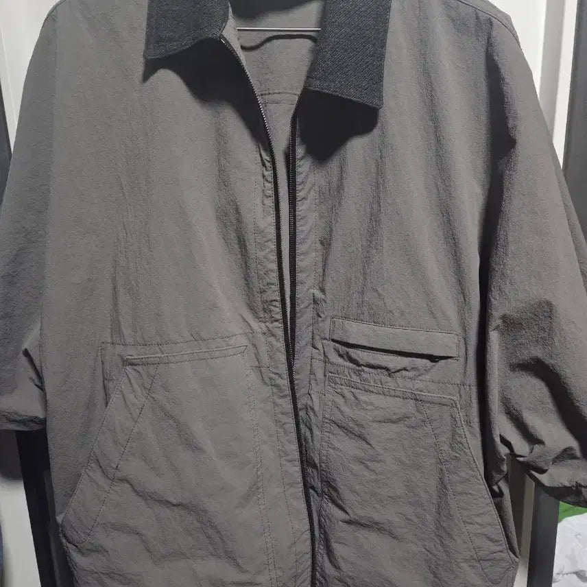 [BUNJANG] Time Homme Zip-Up Collar Shirt Grey / 타임옴므 반팔 집업 카라 셔츠 그레이