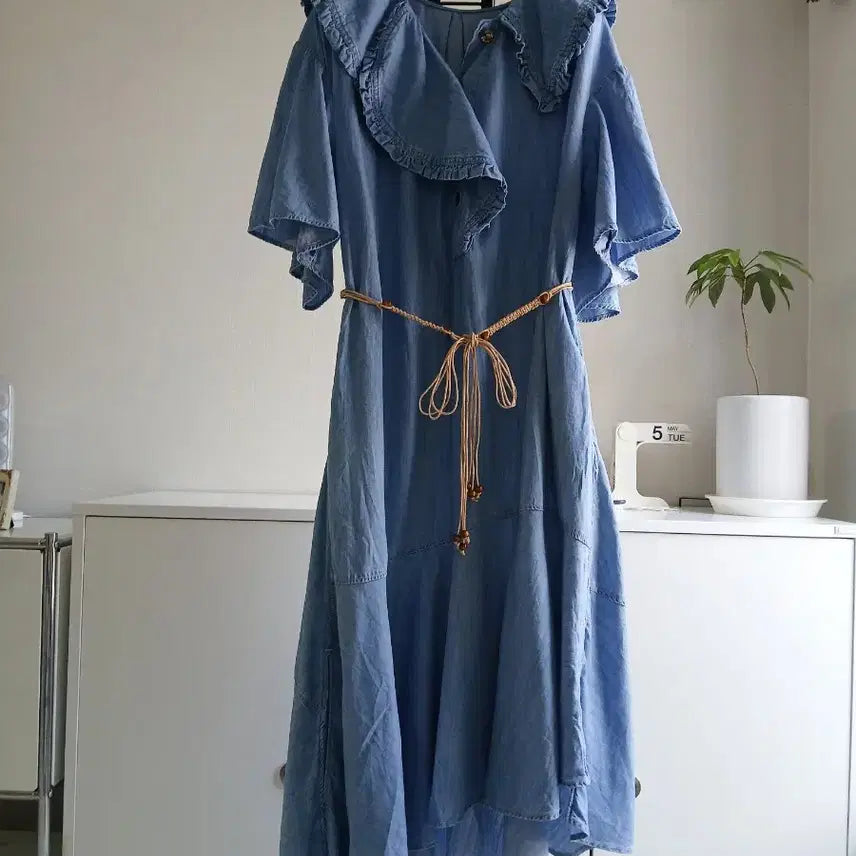 [BUNJANG] System Ruffle Collar Unbalanced Denim Long Dress / 시스템 러플카라 언밸런스 데님 롱원피스