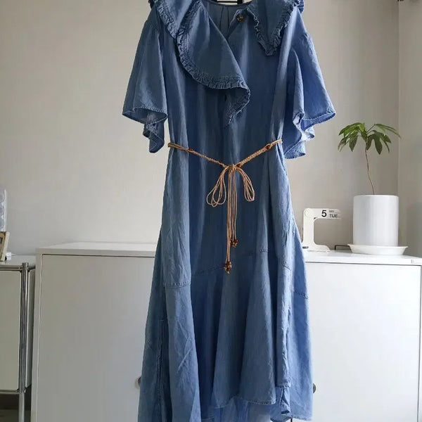 [BUNJANG] System Ruffle Collar Unbalanced Denim Long Dress / 시스템 러플카라 언밸런스 데님 롱원피스