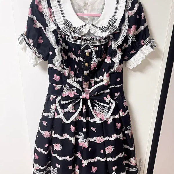 [BUNJANG] Lizlisa Creamy Berry One-Piece Dress Black Short Sleeve Jihrekei Lolita / 리즈리사 크리미베리 원피스 블랙 반팔 양산형 지뢰계 로리타