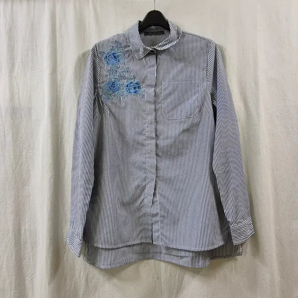 [BUNJANG] Suzi Shear Striped Rose Embroidery Shirt / 일본 구제 빈티지 수지 쉬얼 스트라이프 장미 자수 셔츠