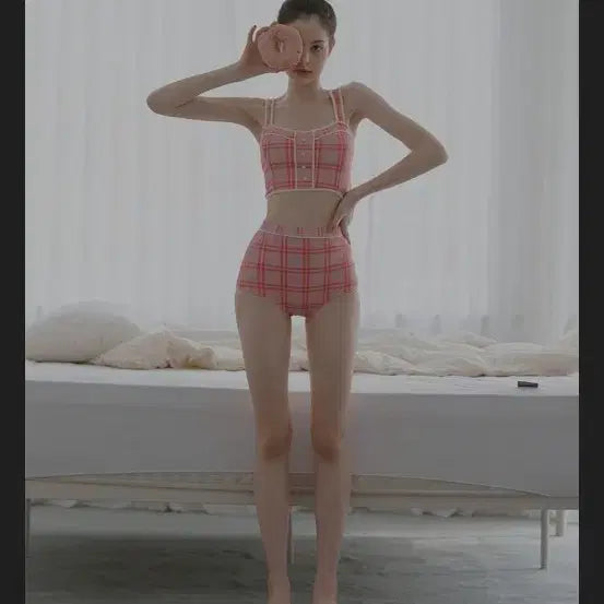 [BUNJANG] Bikini Vander Pink Check Bikini Size S / 비키니밴더 핑크 체크 수영복 비키니 S사이즈 1회착용