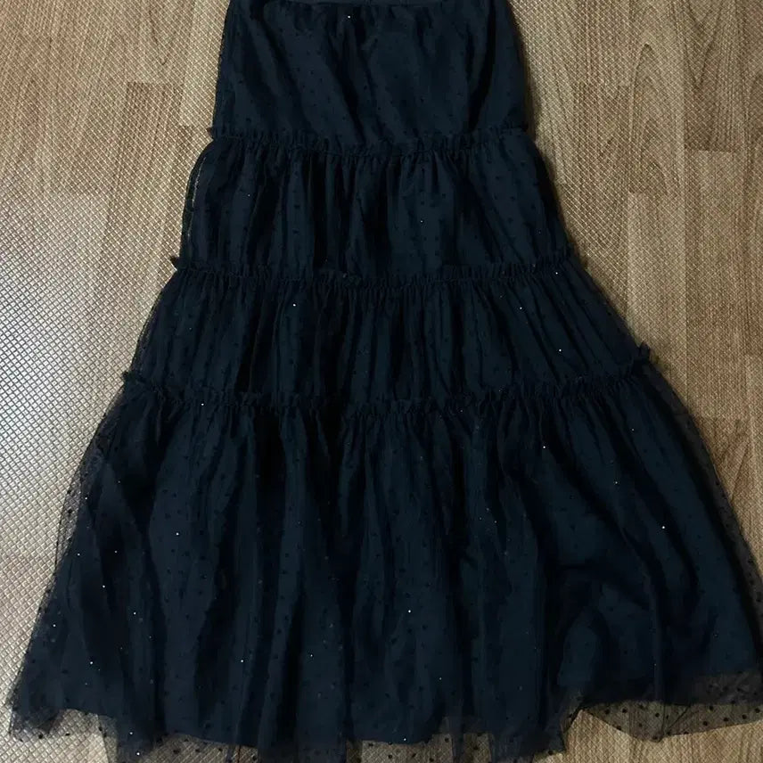 [BUNJANG] Dot Black Chiffon Tiered Long Skirt / 도트 블랙 샤 쉬폰 캉캉 롱치마 반짝이