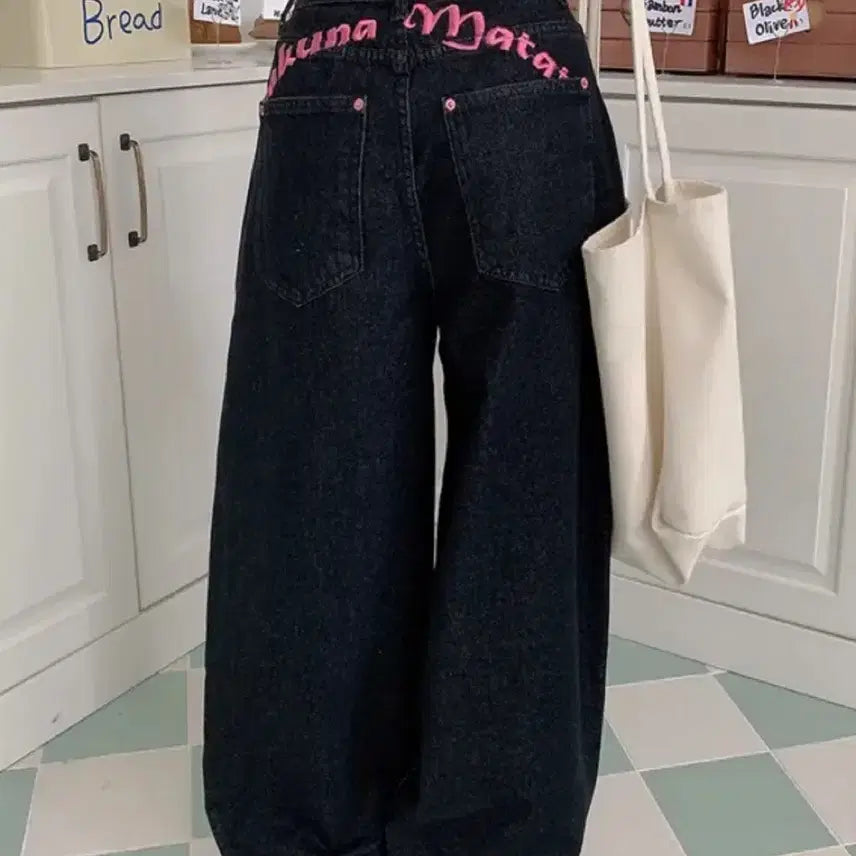 [BUNJANG] Lettering Embroidery Wide Denim Pants / 레터링 자수 와이드 데님 팬츠