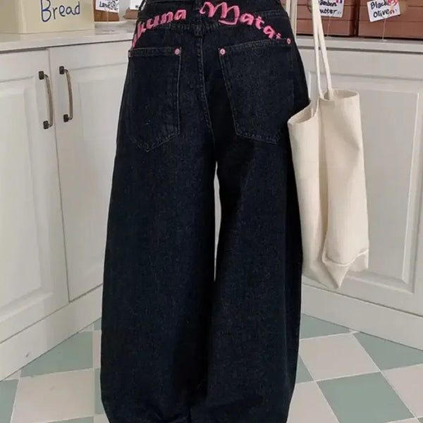 [BUNJANG] Lettering Embroidery Wide Denim Pants / 레터링 자수 와이드 데님 팬츠