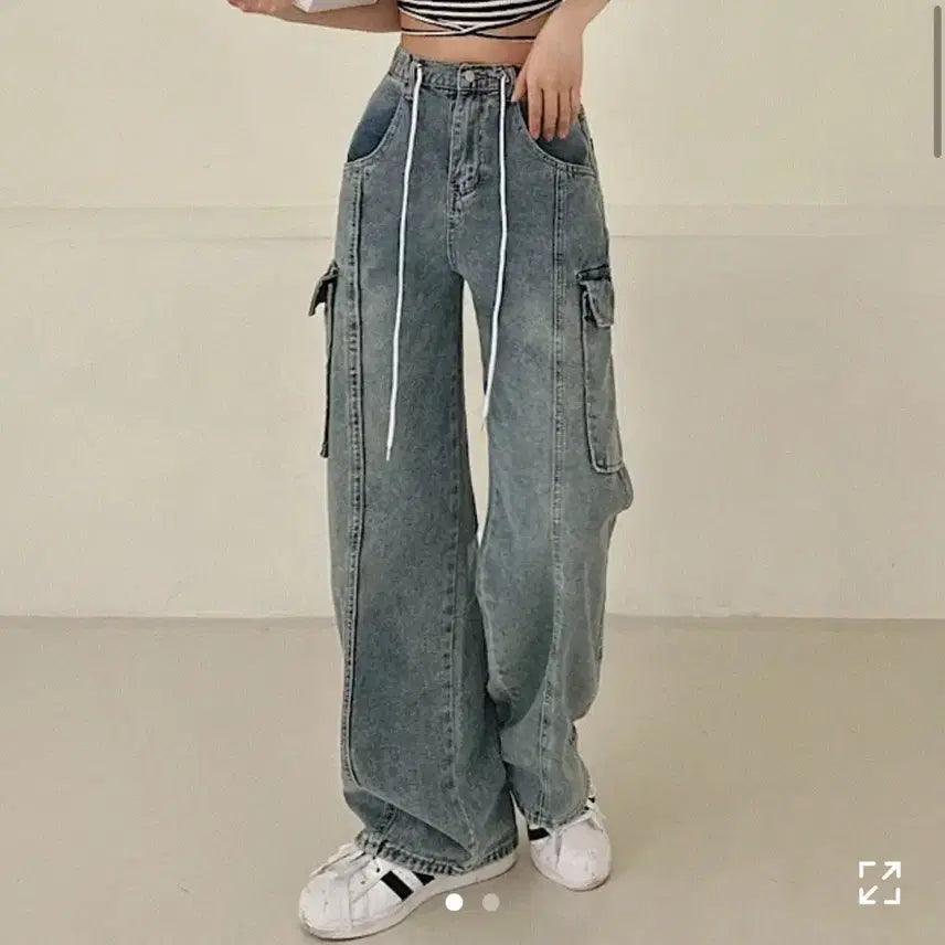 [BUNJANG] Comfortable String Cargo Wide Denim Pants / 허리밴딩 스트링 카고 데님 와이드 팬츠