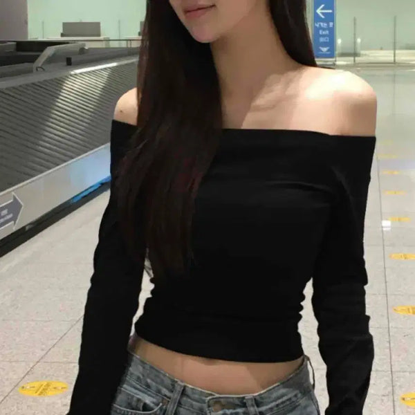 [BUNJANG] Black Slim Off-Shoulder Long-Sleeve T-Shirt / 블랙 슬림 오프숄더