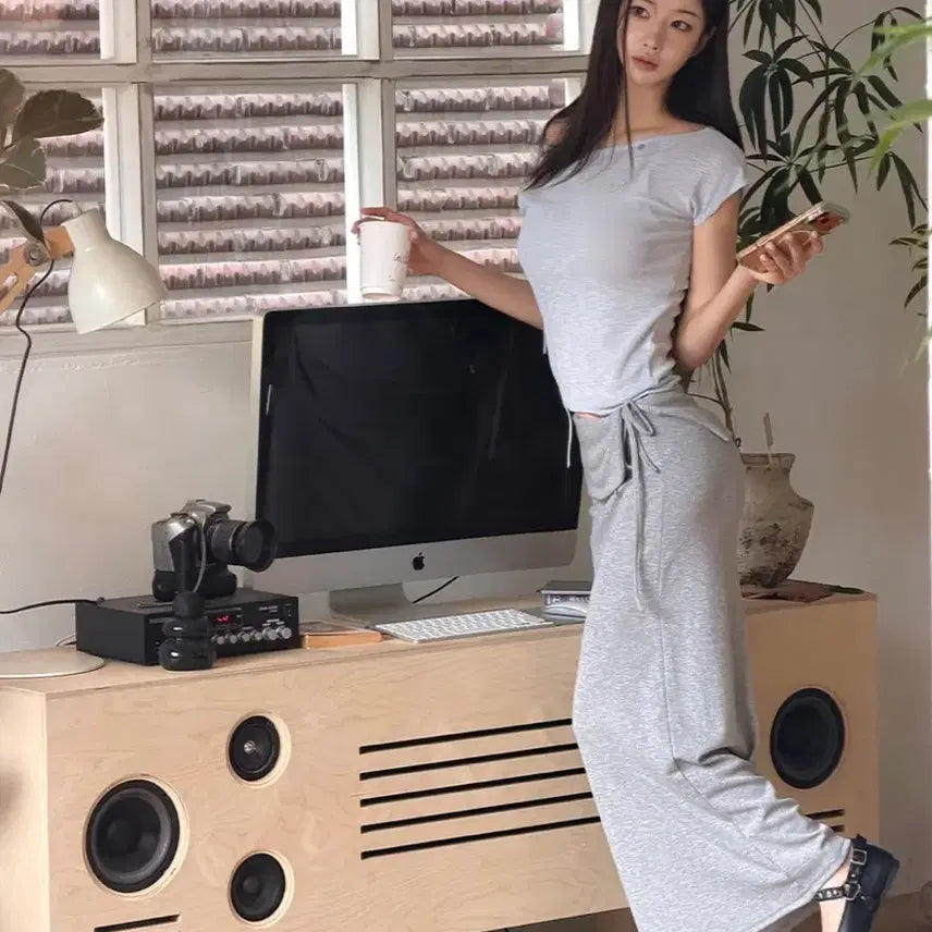 [BUNJANG] TWEE Ut Folding Strap Long Skirt Grey / [택o 새상품] 트위 유트 폴딩 스트랩 롱 스커트 그레이
