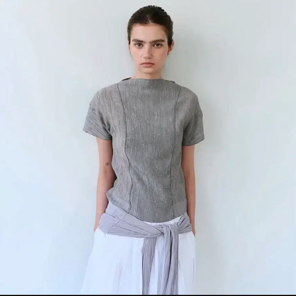 [BUNJANG] Auhour Pleated Short-Sleeve Blouse Grey / [새상품] 아우브아워 플리츠 반팔 블라우스 그레이