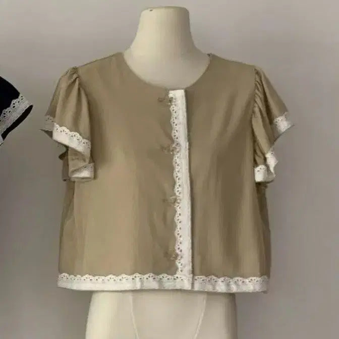 [BUNJANG] Beige Lace Short-Sleeve Blouse / (새상품)베이지 레이스 반팔 블라우스
