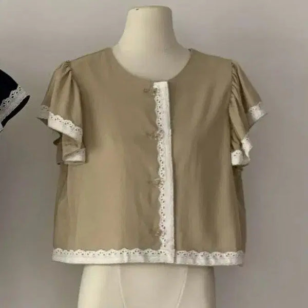 [BUNJANG] Beige Lace Short-Sleeve Blouse / (새상품)베이지 레이스 반팔 블라우스