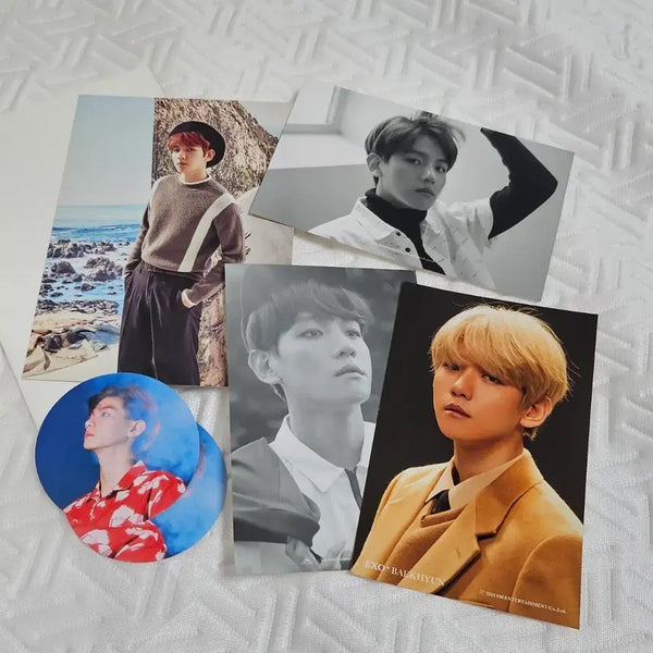 [BUNJANG] EXO Baekhyun Postcard, 4x6 Photo, Round Sticker Set / EXO 백현 엽서, 4x6 포토, 원형 스티커