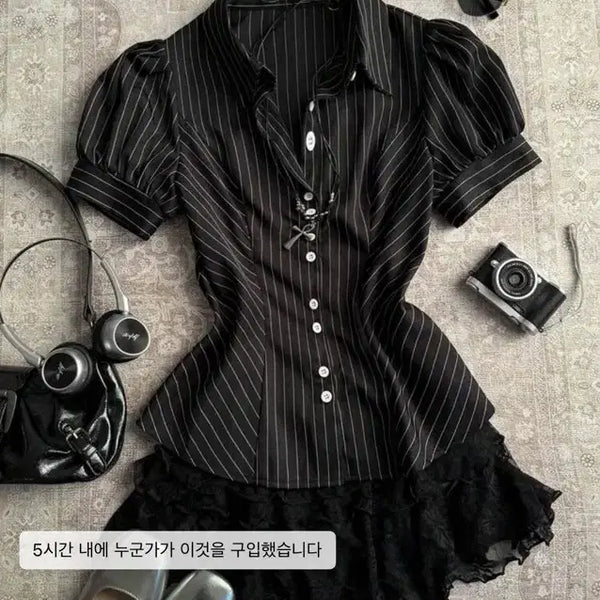 [BUNJANG] Attitoon Striped Puff Sleeve Blouse / 쉬인옷 스트라이프 퍼프 소매 블라우스