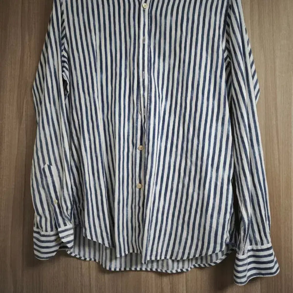 [BUNJANG] Allegri Men's Striped Linen Henley Shirt L / 알레그리 정품 남자 스트라이프 헨리넥 린넨셔츠L