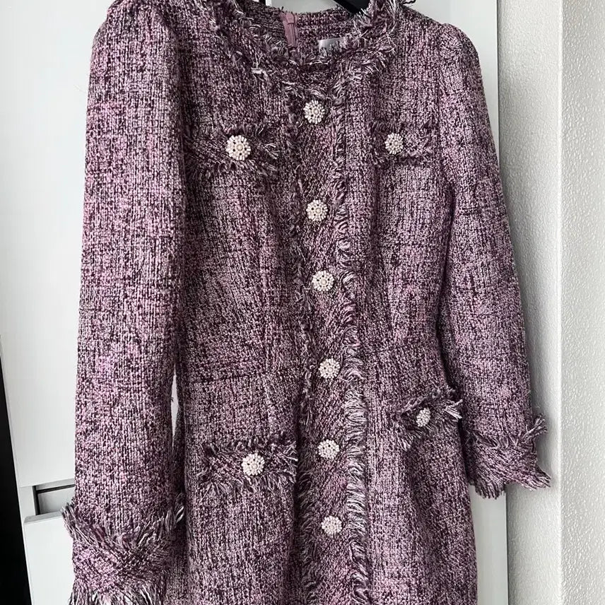 [BUNJANG] Marant Puff Sleeve Pearl Button Fringe Tweed Dress / 마랑 Marant 퍼프소매 진주단추 프린지 트위드 원피스 퍼플핑크 하객룩 행사 오피스룩