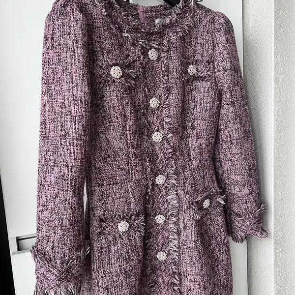[BUNJANG] Marant Puff Sleeve Pearl Button Fringe Tweed Dress / 마랑 Marant 퍼프소매 진주단추 프린지 트위드 원피스 퍼플핑크 하객룩 행사 오피스룩