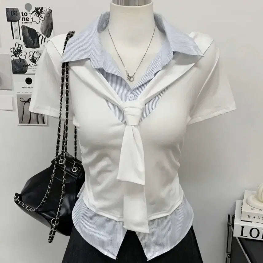 [BUNJANG] Tie Neck Blouse Shirt Layered T-Shirt / 블라우스 셔츠 레이어드 타이 티