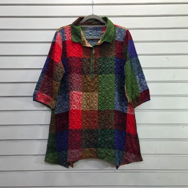 [BUNJANG] Colorful Check 3/4 Sleeve Blouse / 컬러풀 칠부소매  부인복 반오픈형 블라우스/보물찾기천사
