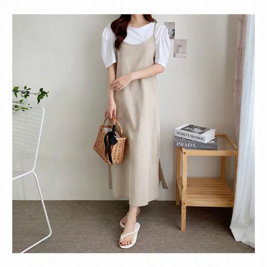 [BUNJANG] Linen Bustier Sleeveless Dress Beige / 국내생산 고급 뷔스티에 린넨 나시 원피스 베이지