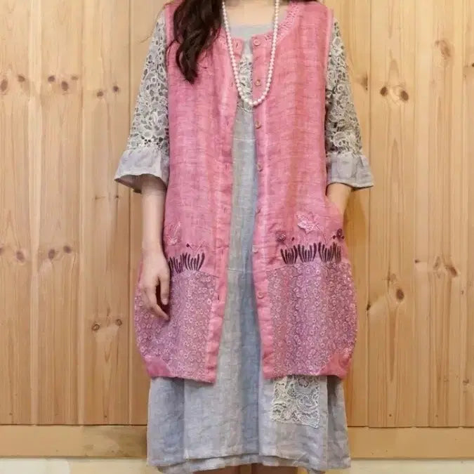 [BUNJANG] Natural Dye Cotton Linen Lace Long Vest / * 천연염색 면마 레이스 롱조끼      (  새 상 품 )*