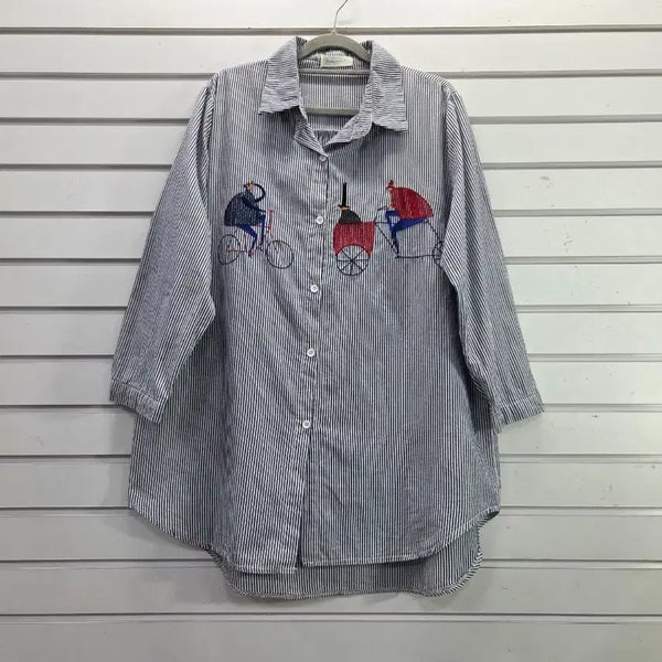 [BUNJANG] Striped Embroidered Blouse / 스트라이프 자수장식  부인복  남방 88/보물찾기천사
