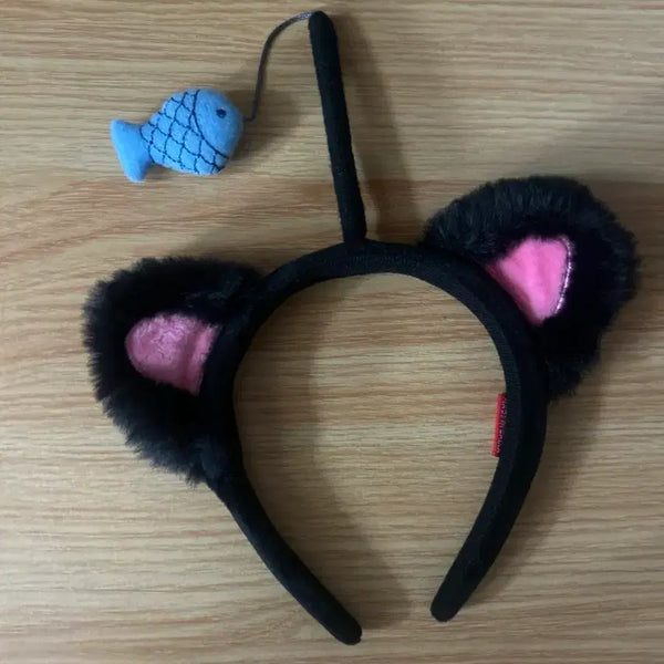 [BUNJANG] Black Cat Ear Headband with Pink Inner Ears and Fish Charm Tail / 검정색 고양이 귀 머리띠