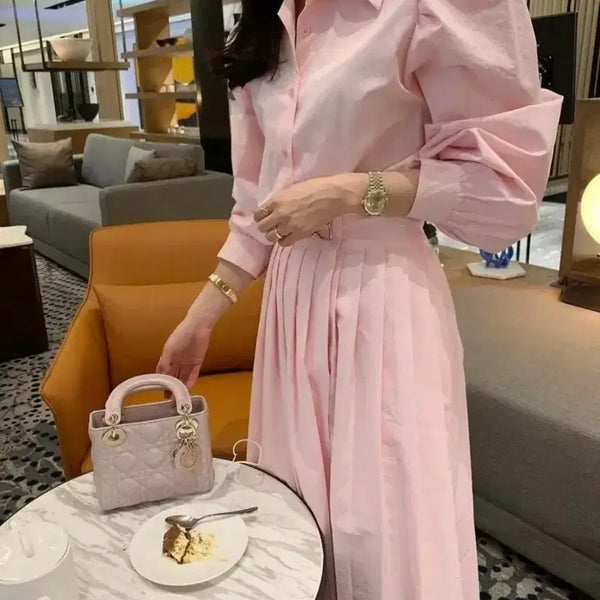 [BUNJANG] Bycini Pink Puff Sleeve Pleated Long Dress / 바이씨니원피스