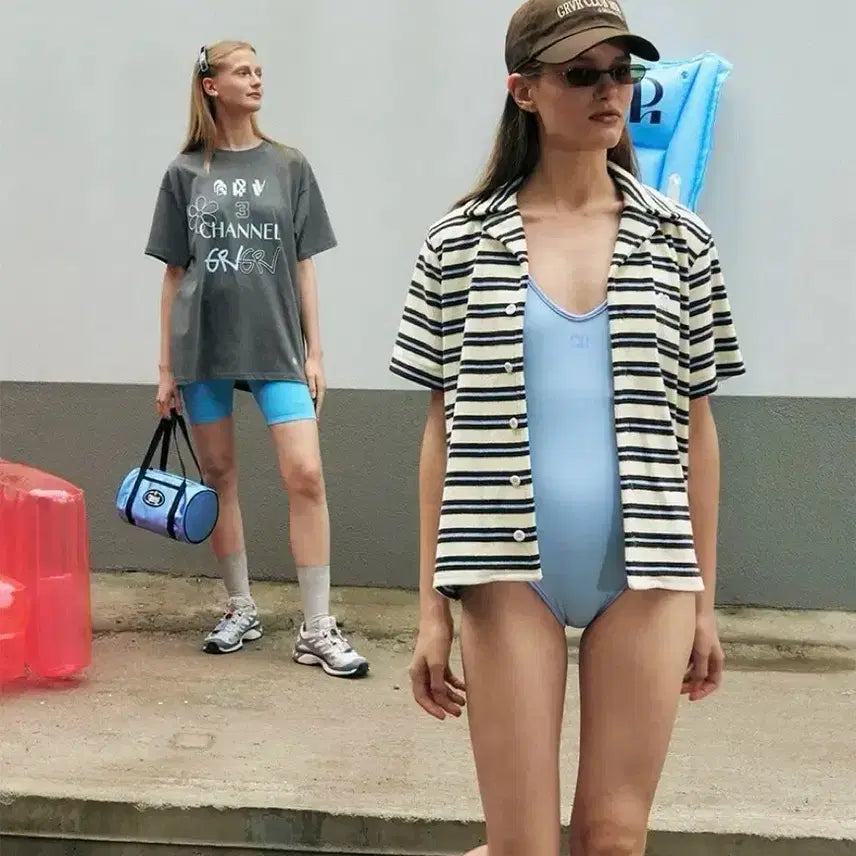 [BUNJANG] GROVE Avery Terry Shirt Blue Stripe / 그로브 GROVE AVERY 테리 셔츠 블루 스트라이프 여름 타올 반팔 휴가룩 여행룩 휴양지 커버업 물놀이