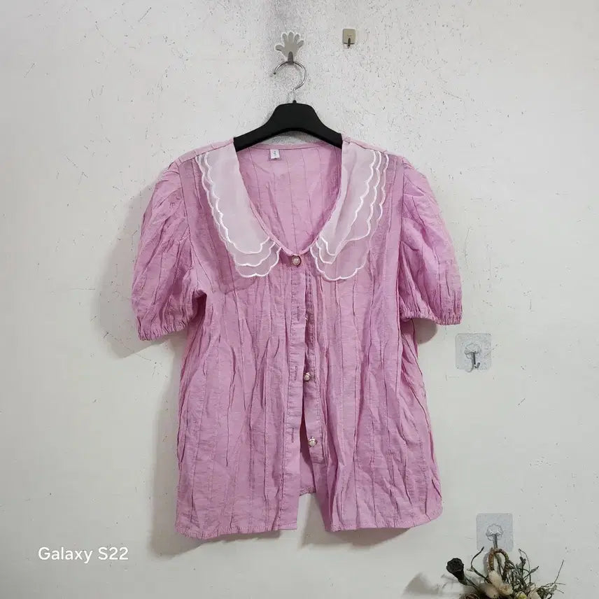 [BUNJANG] Puff Sleeve Frill Collar Blouse - Pink / 퍼프 소매 프릴 카라 블라우스 핑크