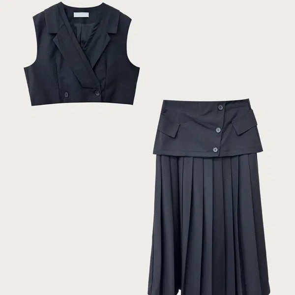 [BUNJANG] Black Cropped Vest Pleated Skirt Set / 새상품) 블랙 크롭 조끼 플리츠 스커트 세트