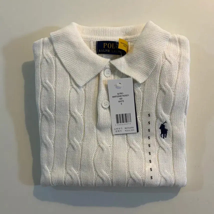 [BUNJANG] Polo Ralph Lauren Men's Cable Knit Short Sleeve Polo Shirt / 남성 폴로 랄프로렌 케이블 니트 반팔 (화이트/블랙)