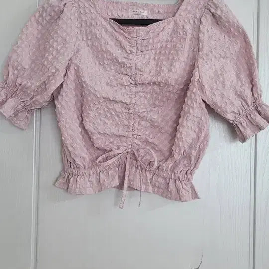 [BUNJANG] Pink Shirring Puff Sleeve Blouse / 핑크 셔링 퍼프소매 블라우스